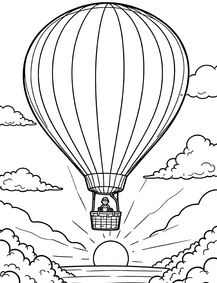 Hot air balloon during sunrise coloring page