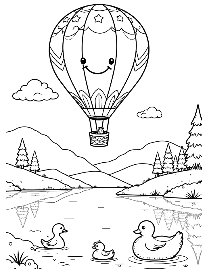 Hot air balloon flying over a lake coloring page