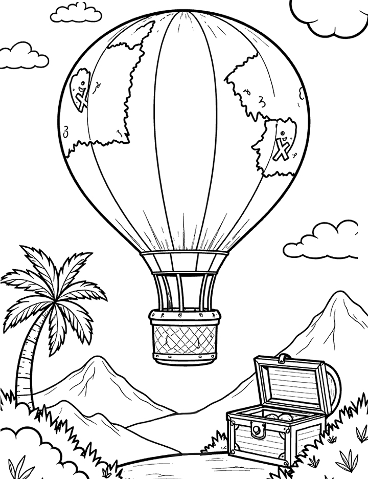 Hot air balloon with a treasure box coloring page