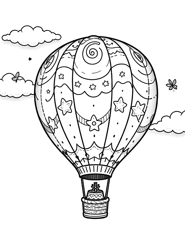 Hot air balloon with a whimsical design coloring page