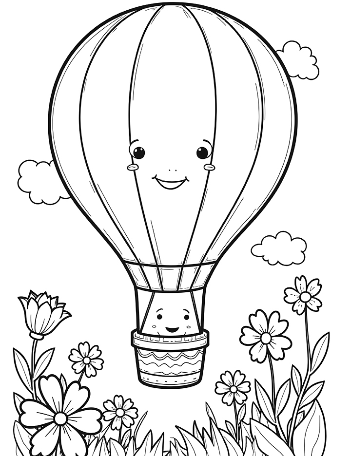 Hot air balloon with flowers coloring page