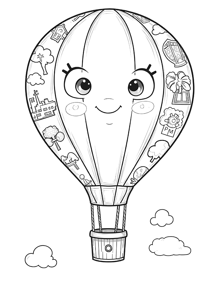 Hot air balloon with travel stickers coloring page