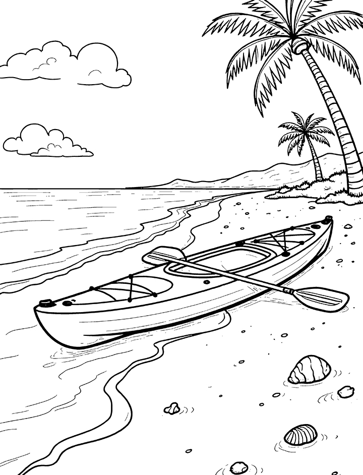 Kayak at a beach coloring page