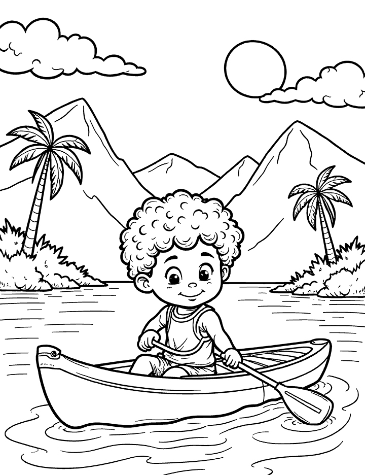 Kayak in a scenic landscape coloring page