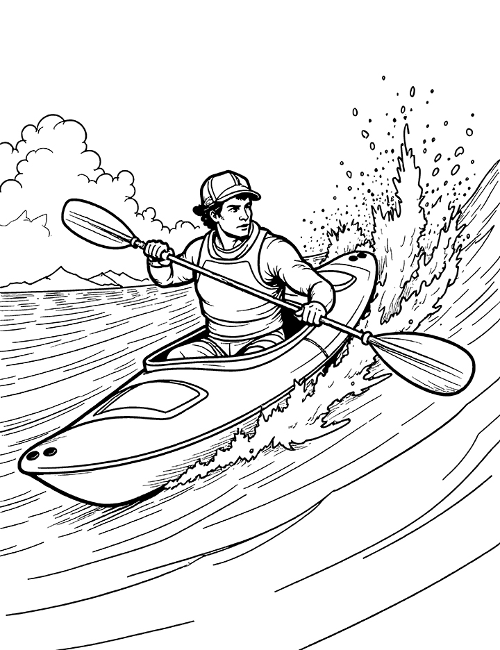 Kayak on a river with rapids coloring page