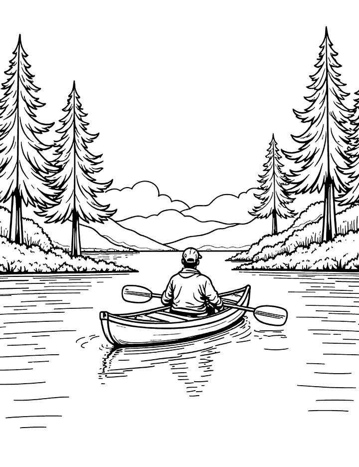 Kayak surrounded by trees coloring page