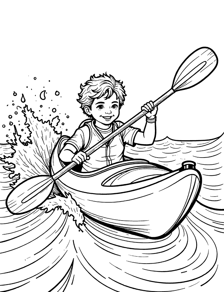 Kayak with waves coloring page