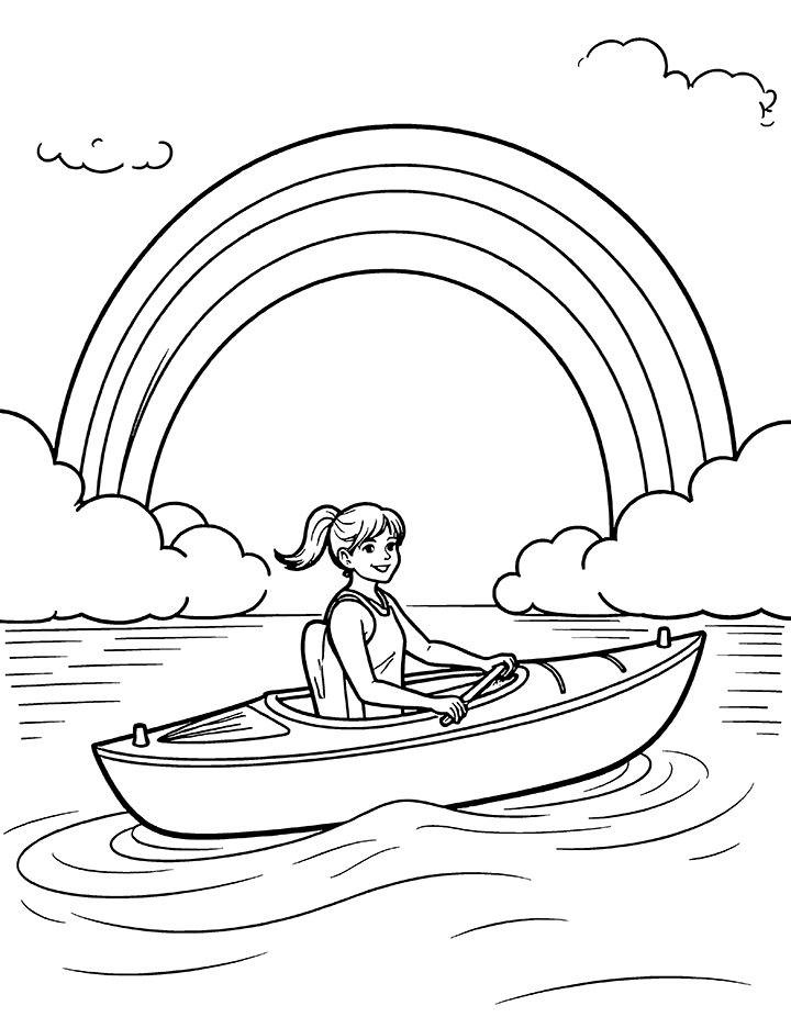 Kayak with a rainbow coloring page