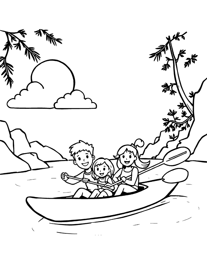 Kayak with a happy family coloring page