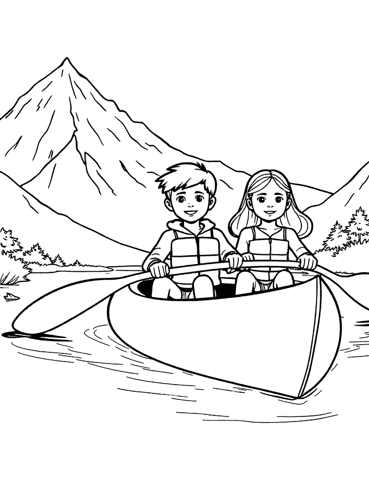 Kayak with a view of mountains coloring page 2