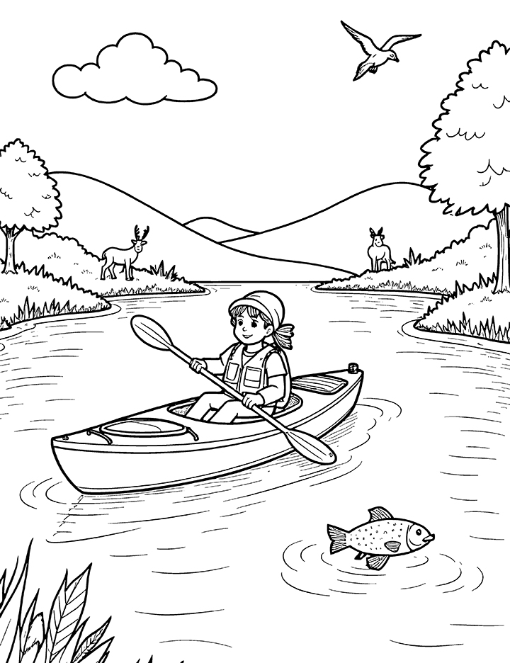 Kayak with wildlife coloring page