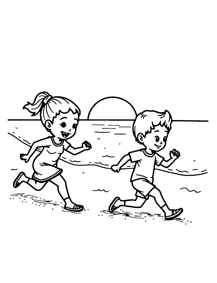 Kids running on the beach coloring page