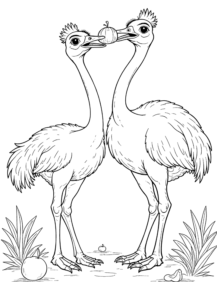 Ostrich eating fruit coloring page