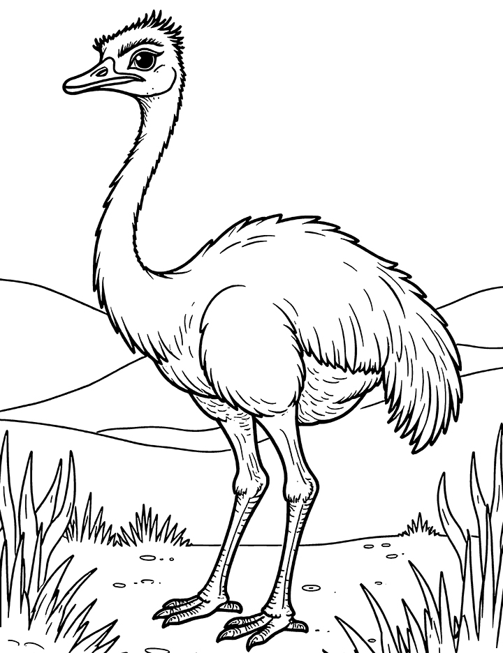 Ostrich in the desert coloring page