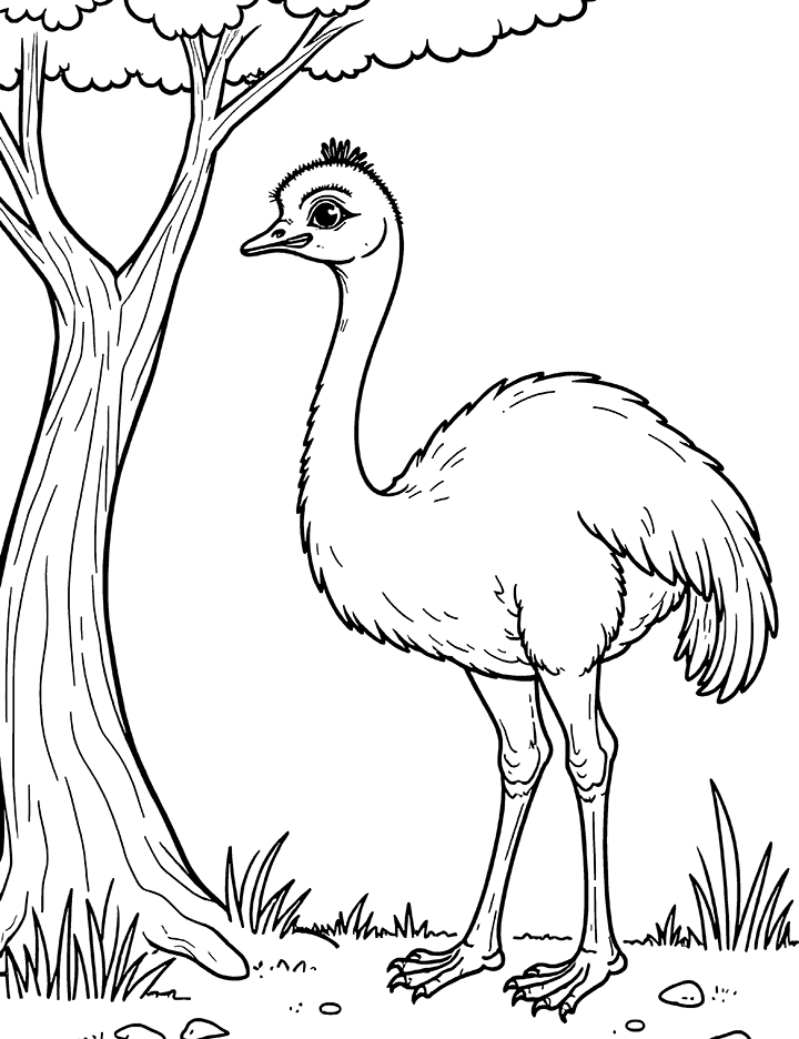 Ostrich next to a tree coloring page