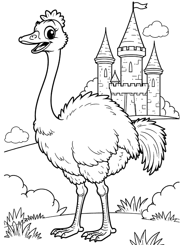 Ostrich with castle coloring page