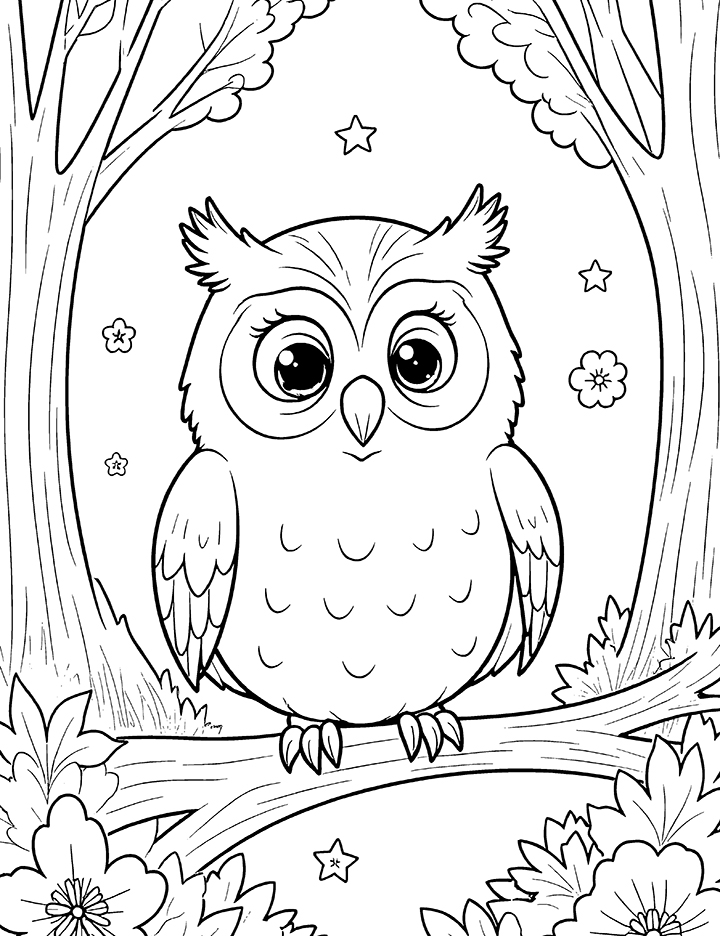 Owl in a magical forest coloring page