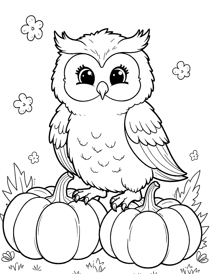 Owl sitting on pumpkins coloring page