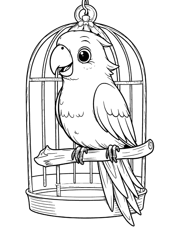 Parrot and cage coloring page