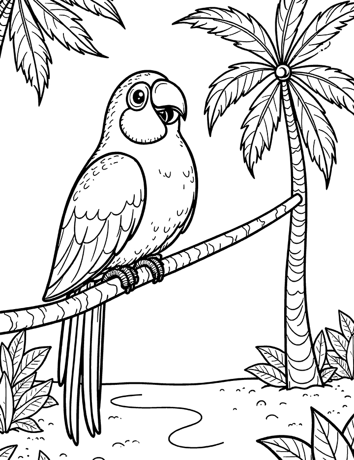 Parrot and palm trees coloring page