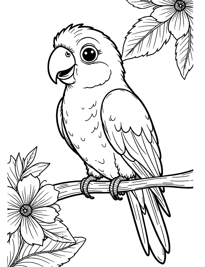 Parrot with tropical flowers coloring page