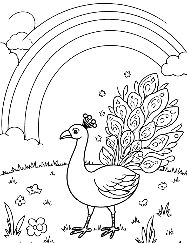 Peacock and a rainbow coloring page