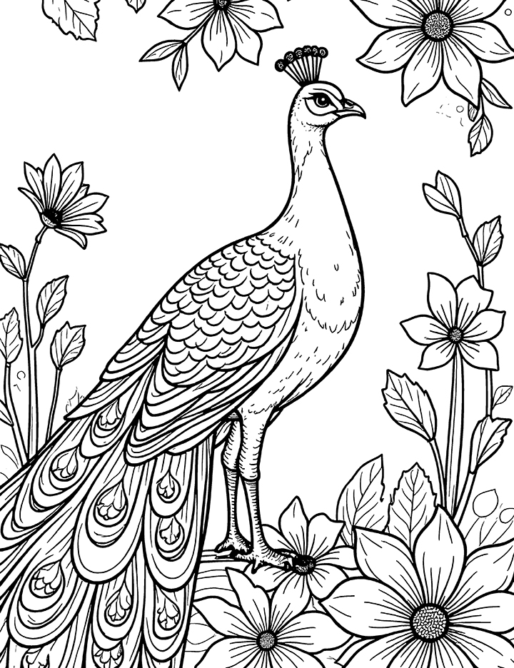 Peacock and flowers coloring page