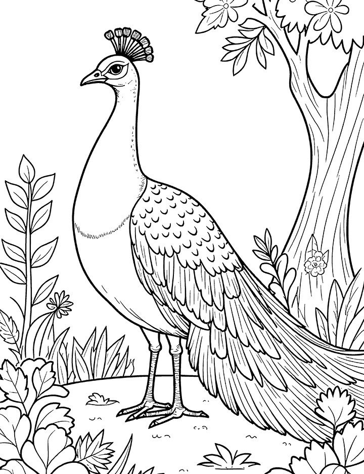 Peacock in a garden coloring page