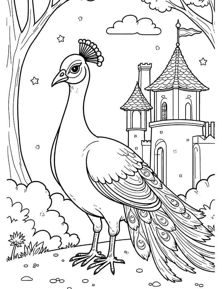 Peacock near a palace coloring page