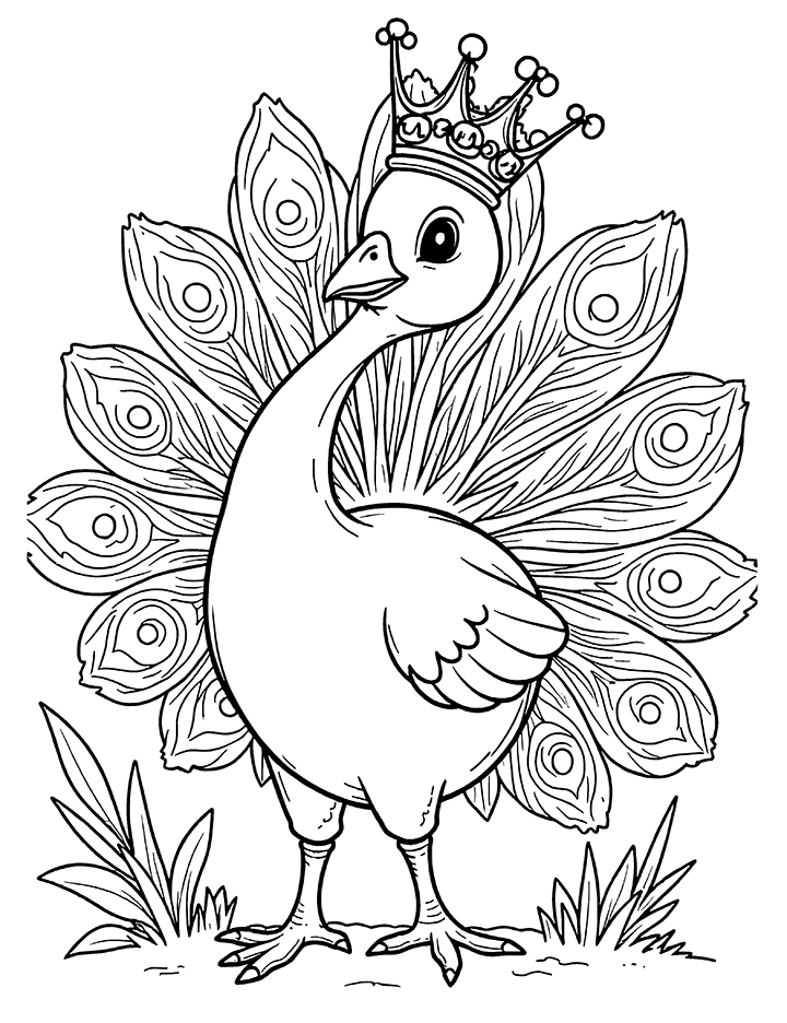 Peacock with a crown coloring page