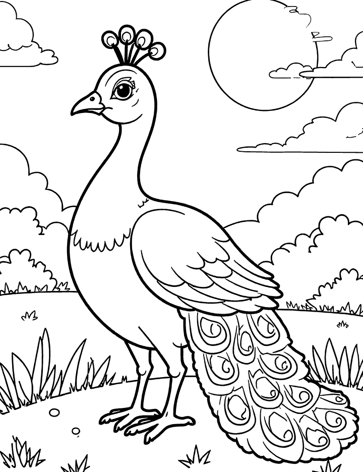 Peacock with a sunset coloring page