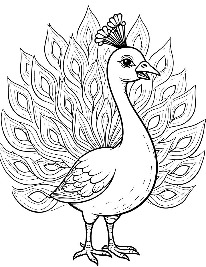 Peacock with swirling feathers coloring page