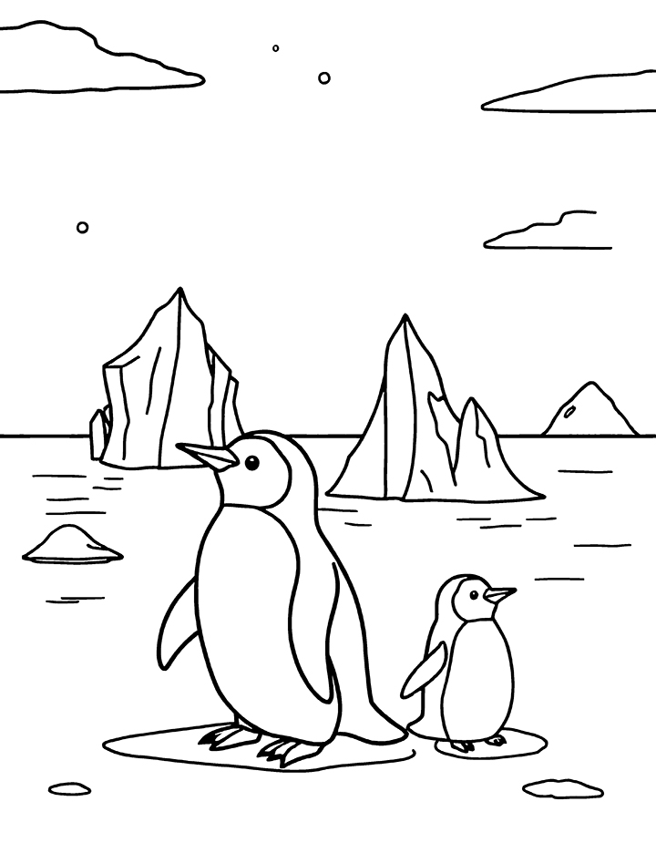 Penguin and ice berg coloring page