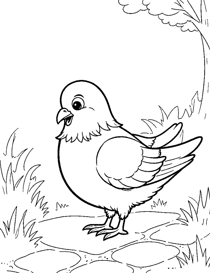 Pigeon near a cobblestone path coloring page