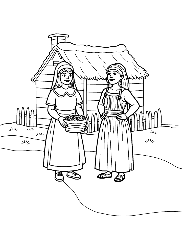 Pilgrim and Native American coloring page 2