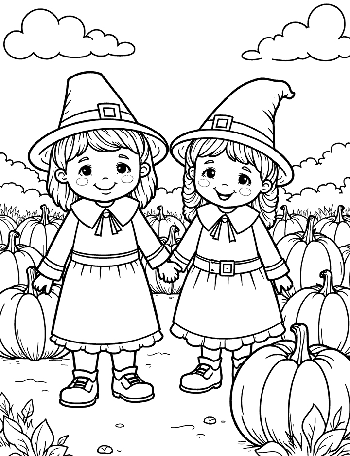 Pilgrims in a pumpkin patch coloring page