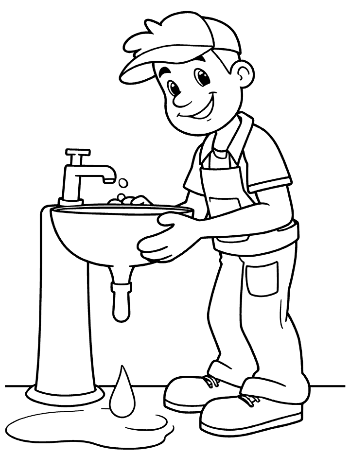 Plumber repairing wash basin coloring page