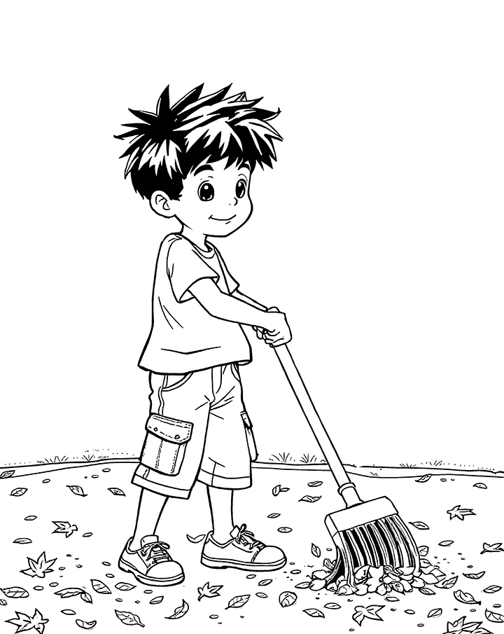 Raking leaves coloring page