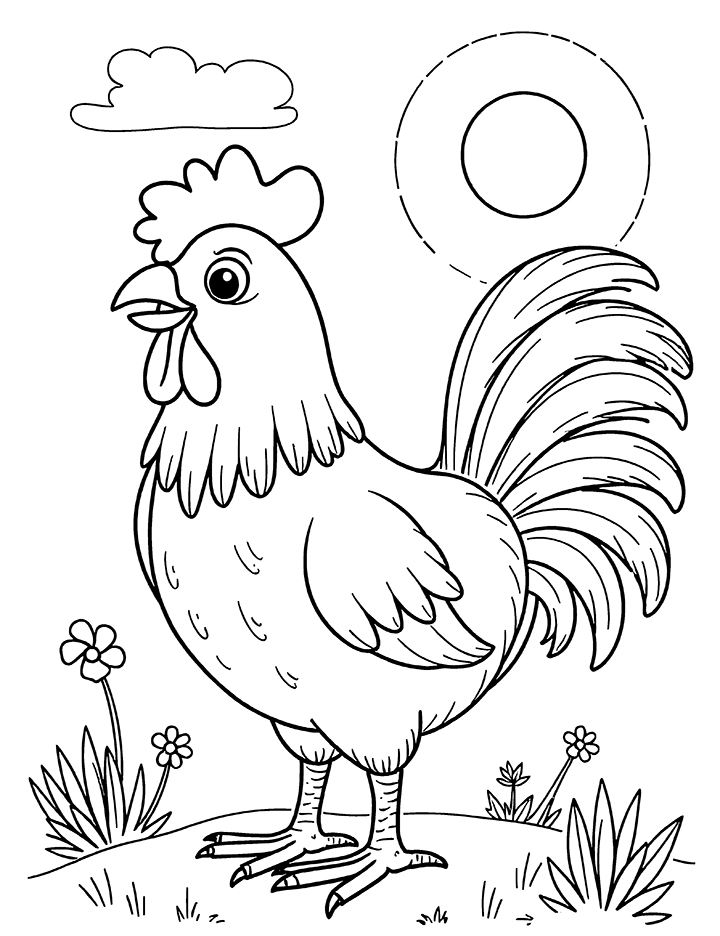 Rooster with sunrise coloring page