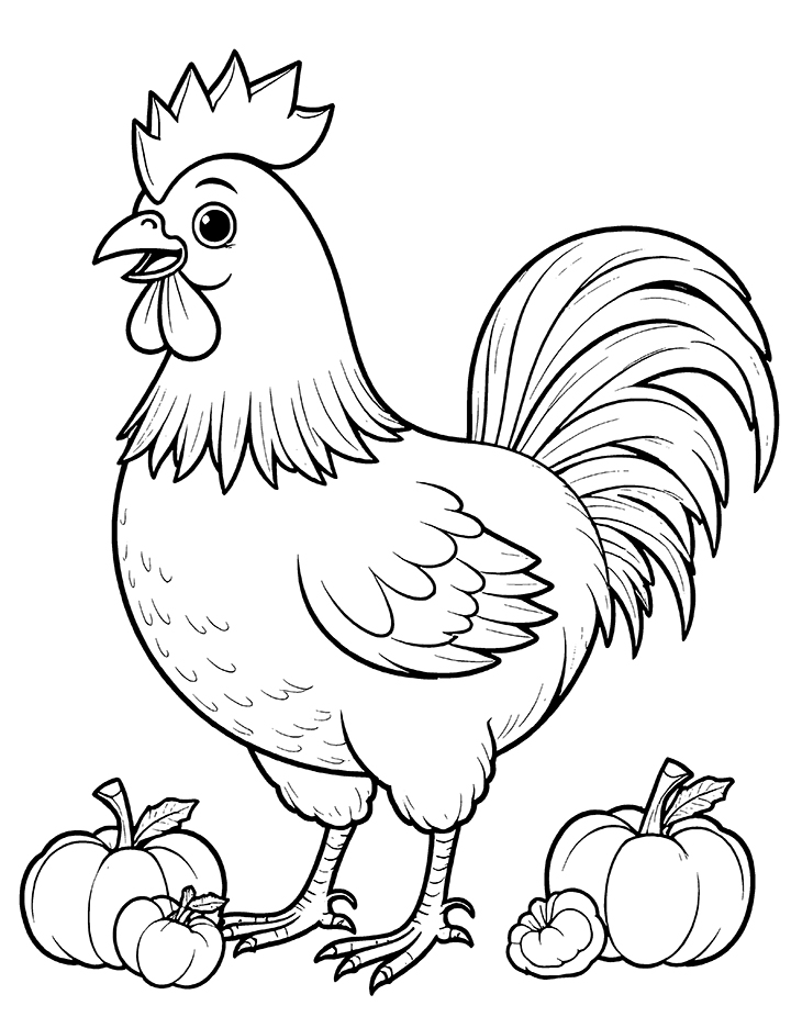 Rooster with vegetables coloring page