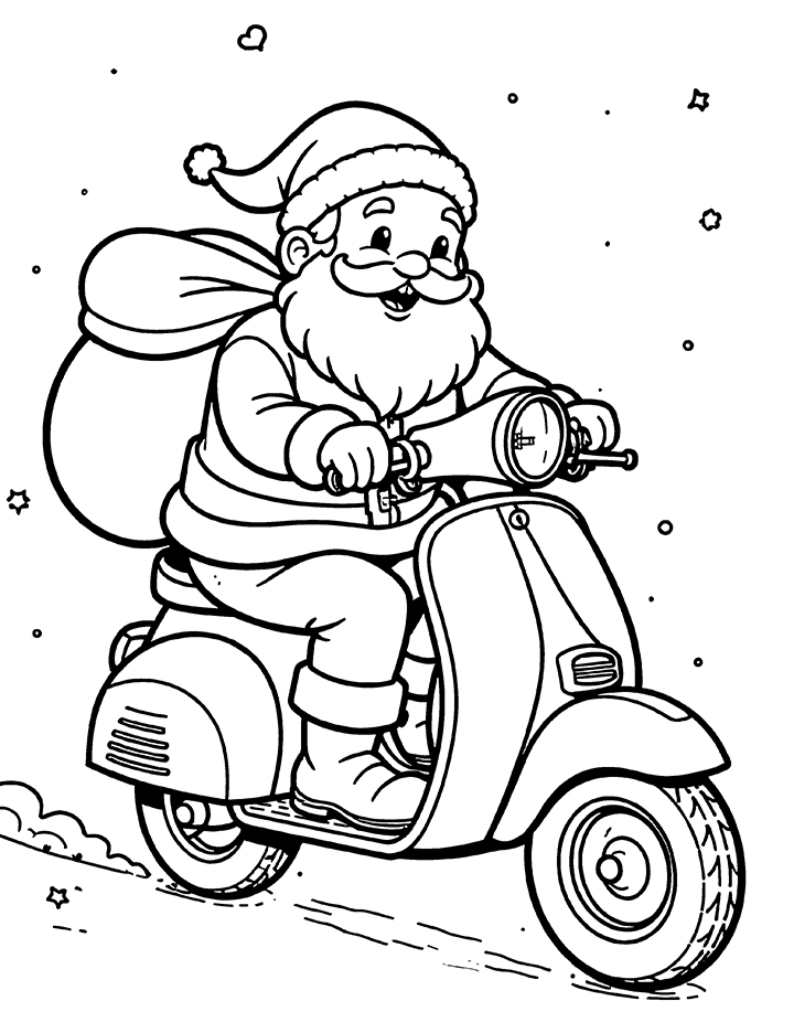 Santa driving scooter coloring page