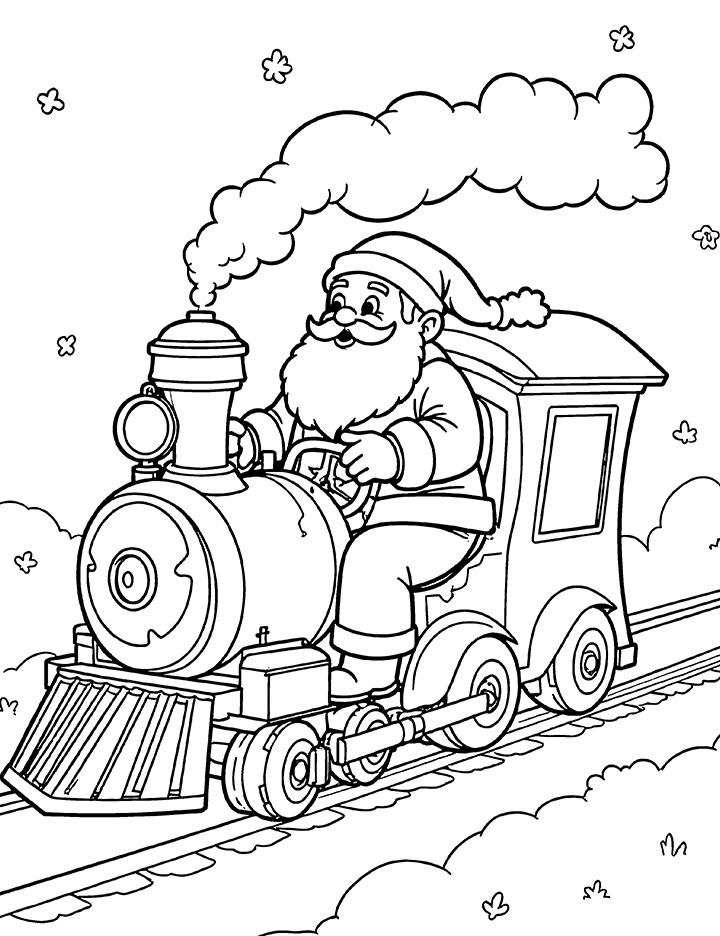 Santa in a train coloring page