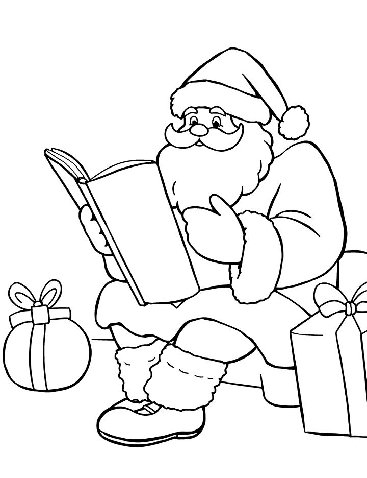 Santa reading a letter coloring page