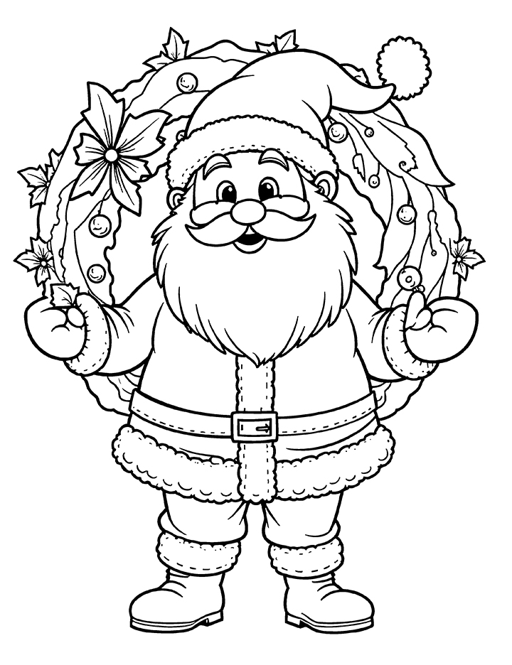 Santa and Christmas wreath coloring page