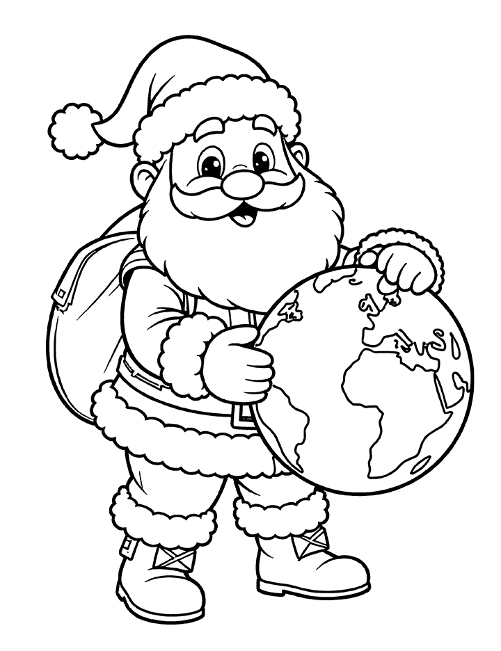 Santa with globe coloring page