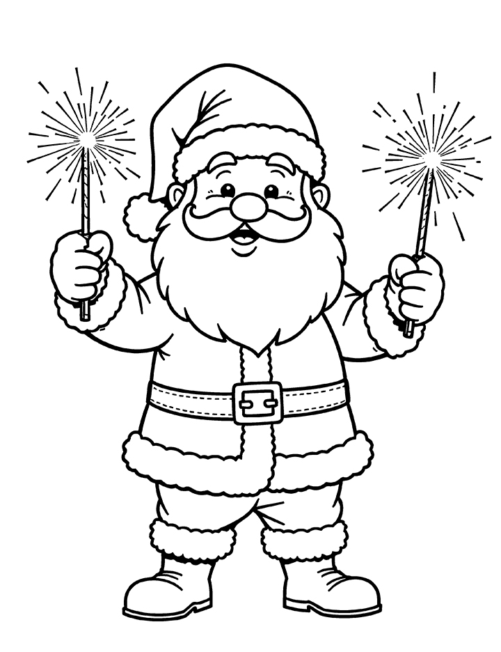 Santa with sparklers coloring page