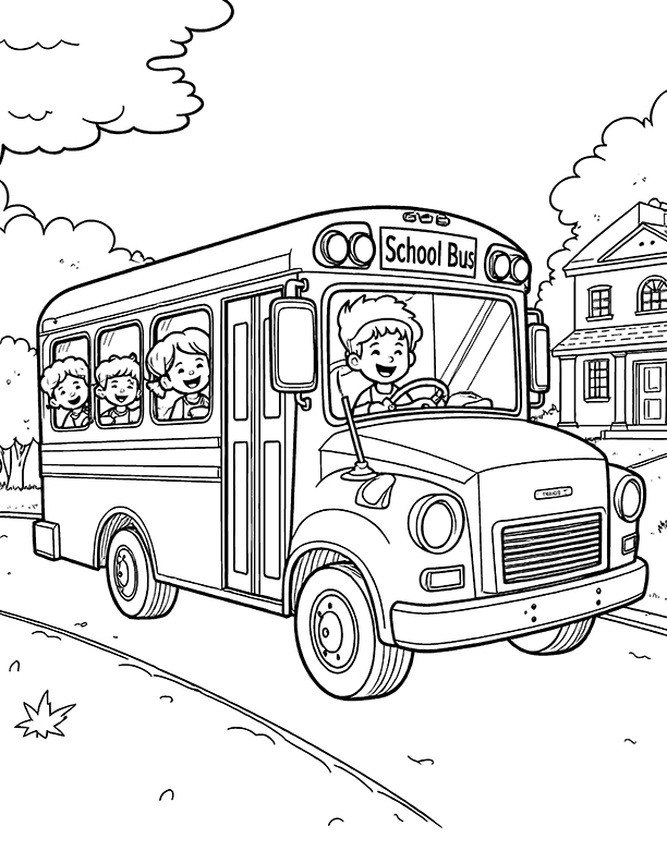 School bus going up a hill coloring page