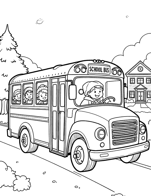 School bus in a snowy landscape coloring page