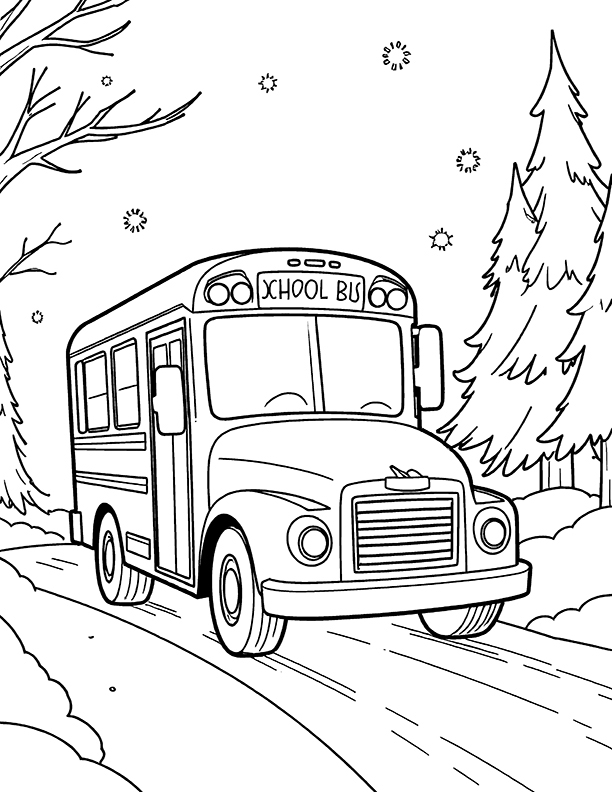 School bus in winter scenery coloring page