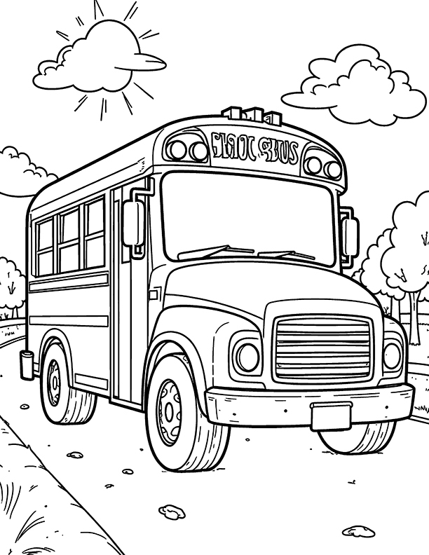 School bus on a sunny day coloring page